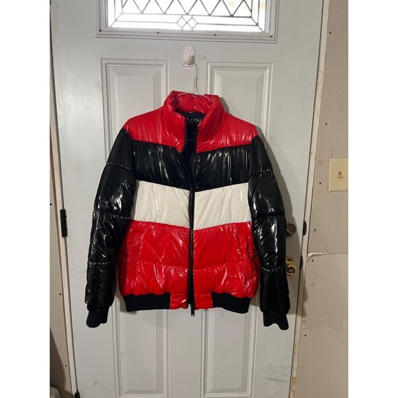Boohoo Man red white black striped zippered puffer jacket size medium - Picture 1 of 4
